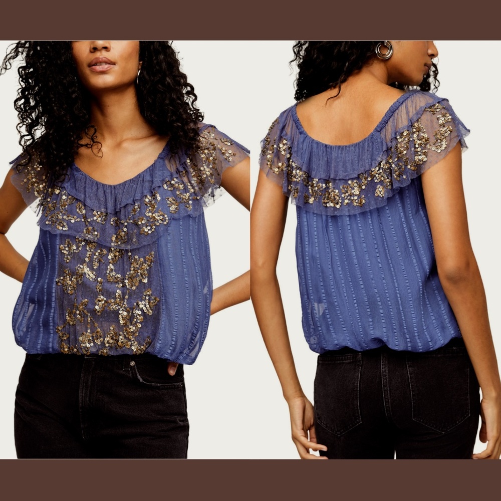 NEW $168‎ FREE PEOPLE Sequin Tulle Elisas Mesh Top In Wild Moon [ MEDIUM ]